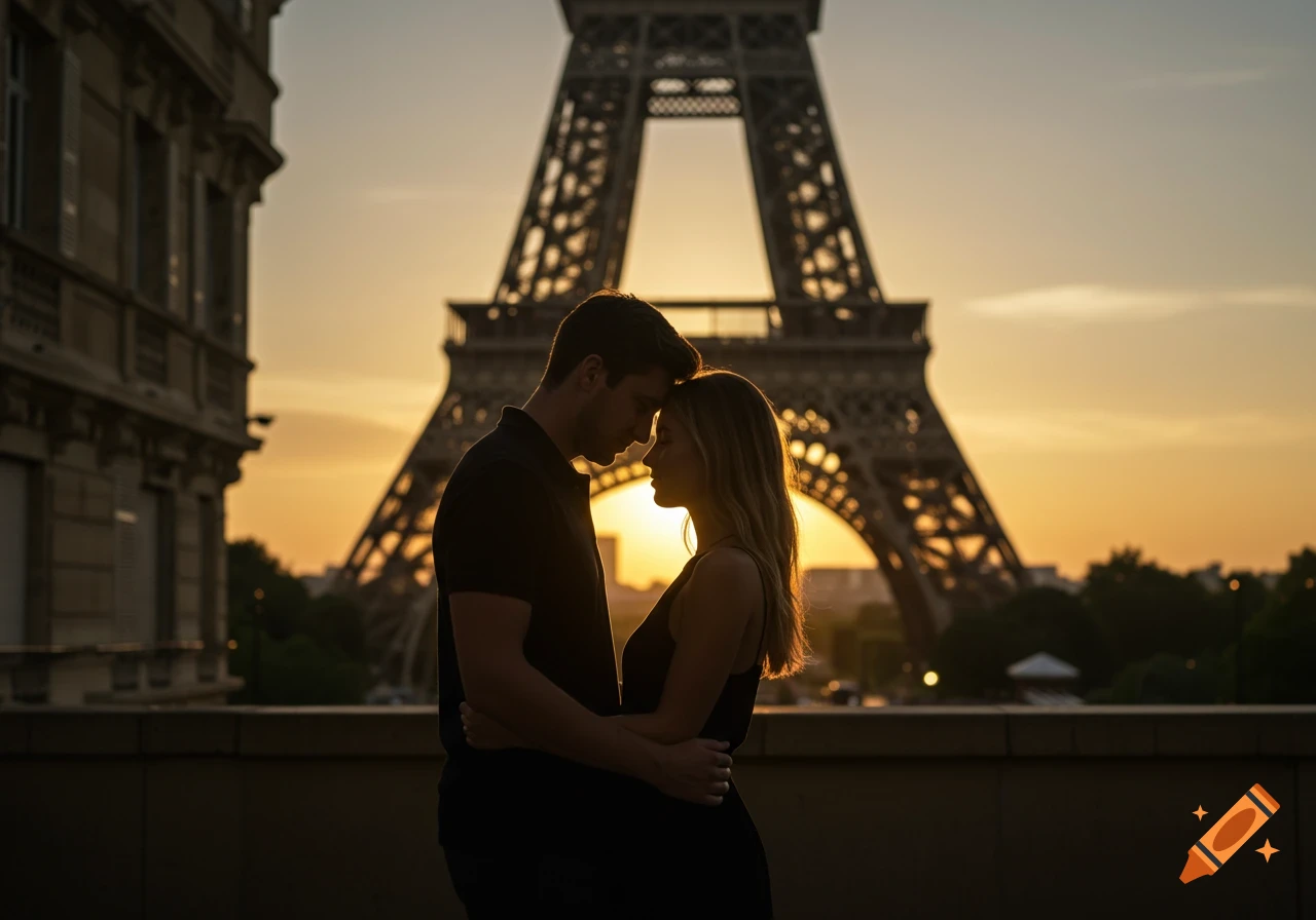 A couple silhouetted, foreheads touching, embracing in front of the Eiffel Tower at sunset, photorealistic.