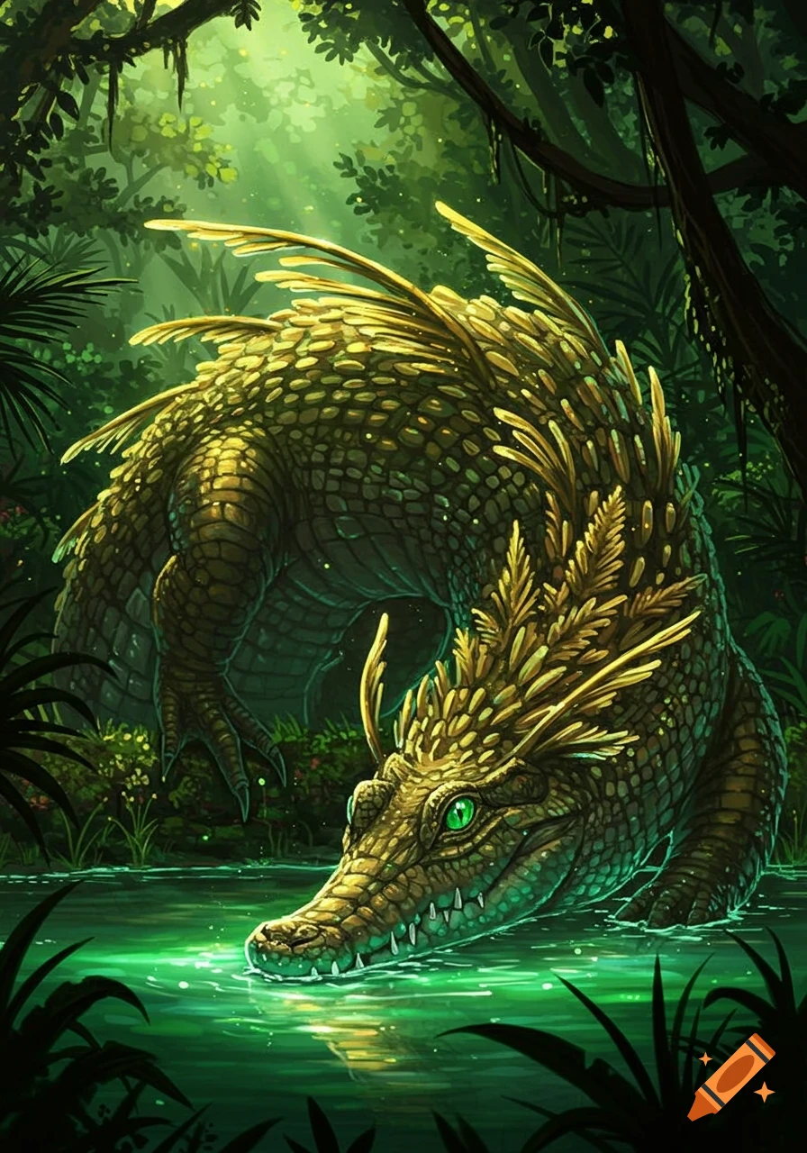 A majestic, golden-scaled fantasy crocodile creature with glowing green eyes partially submerged in luminous green water in a lush jungle.