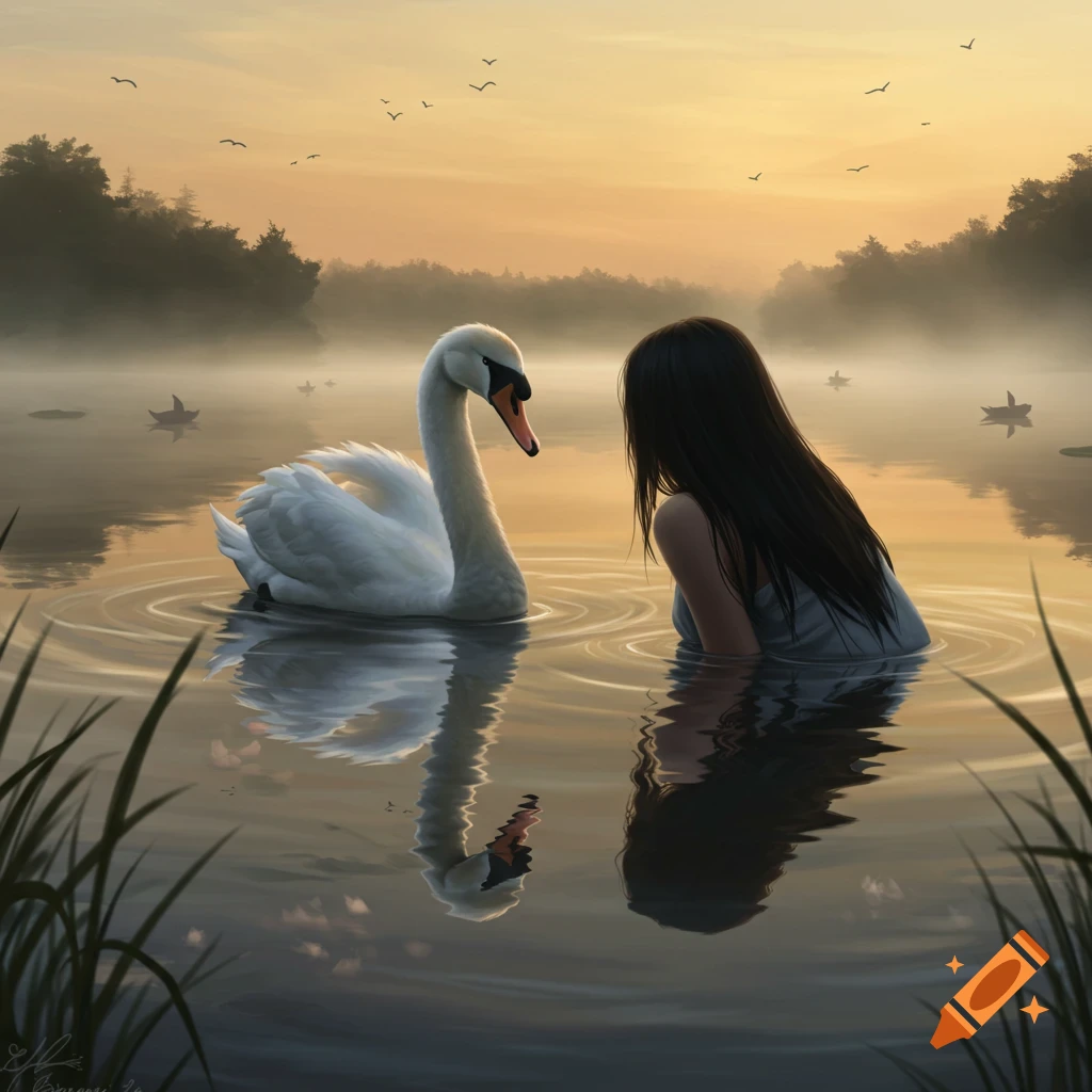 A woman with long dark hair in a misty lake at sunrise faces a white swan, its reflection shimmering on the water.