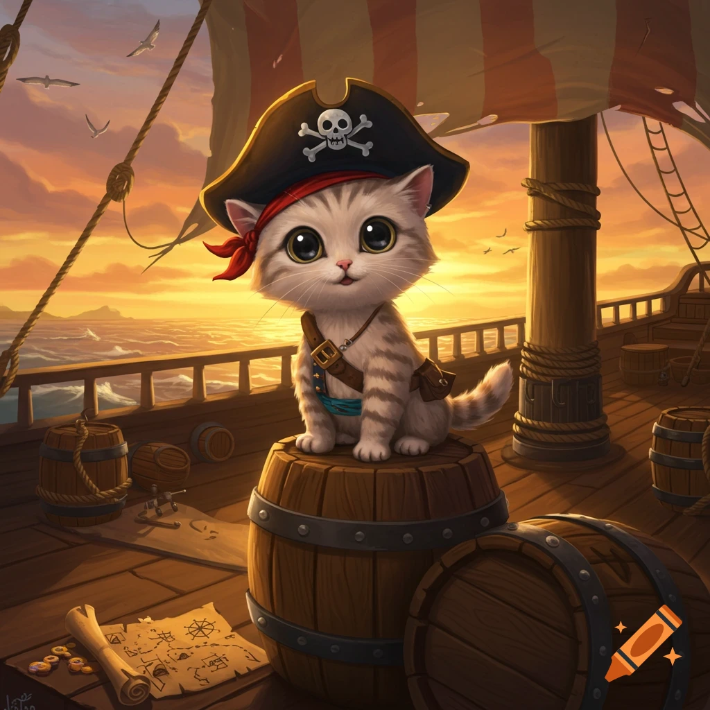 A cute, big-eyed striped pirate kitten in a hat with a skull sits on a barrel on a ship deck at sunset.