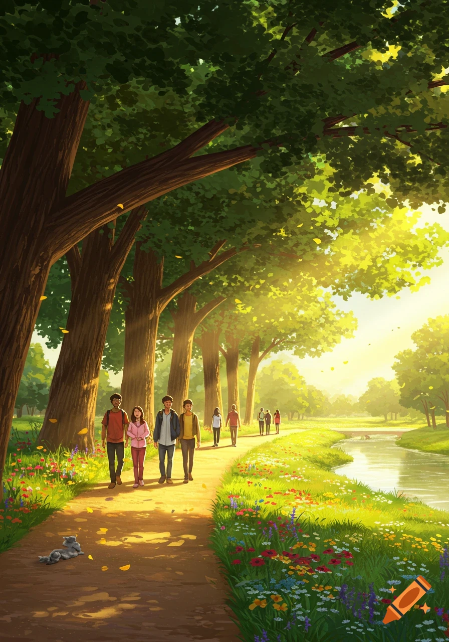 Stylized illustration of people walking on a sunlit path through a lush park with tall trees, a river, and wildflowers.