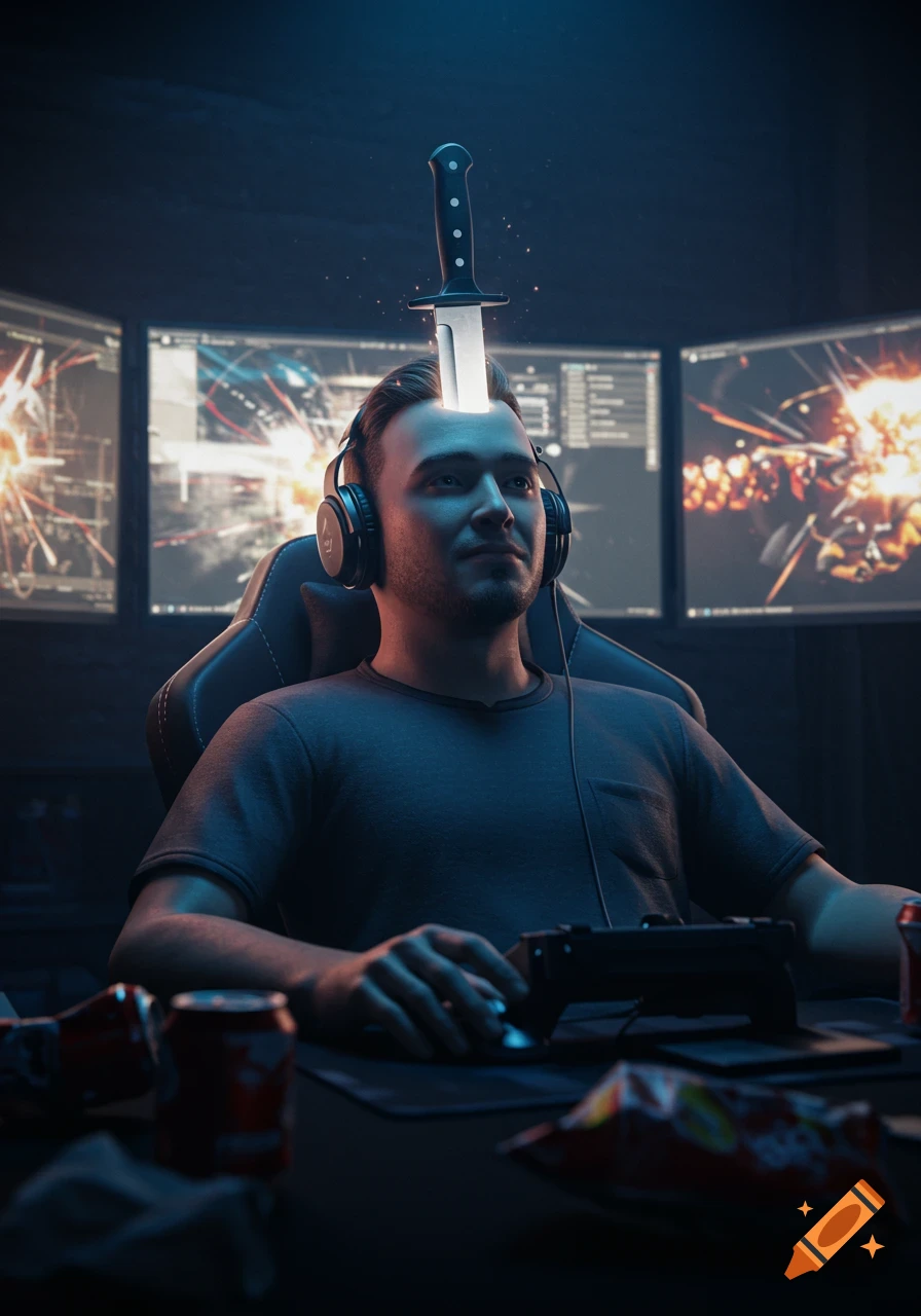 A man with headphones sits in a gaming chair, a knife seemingly stuck in his head, in a dark room with multiple monitors.