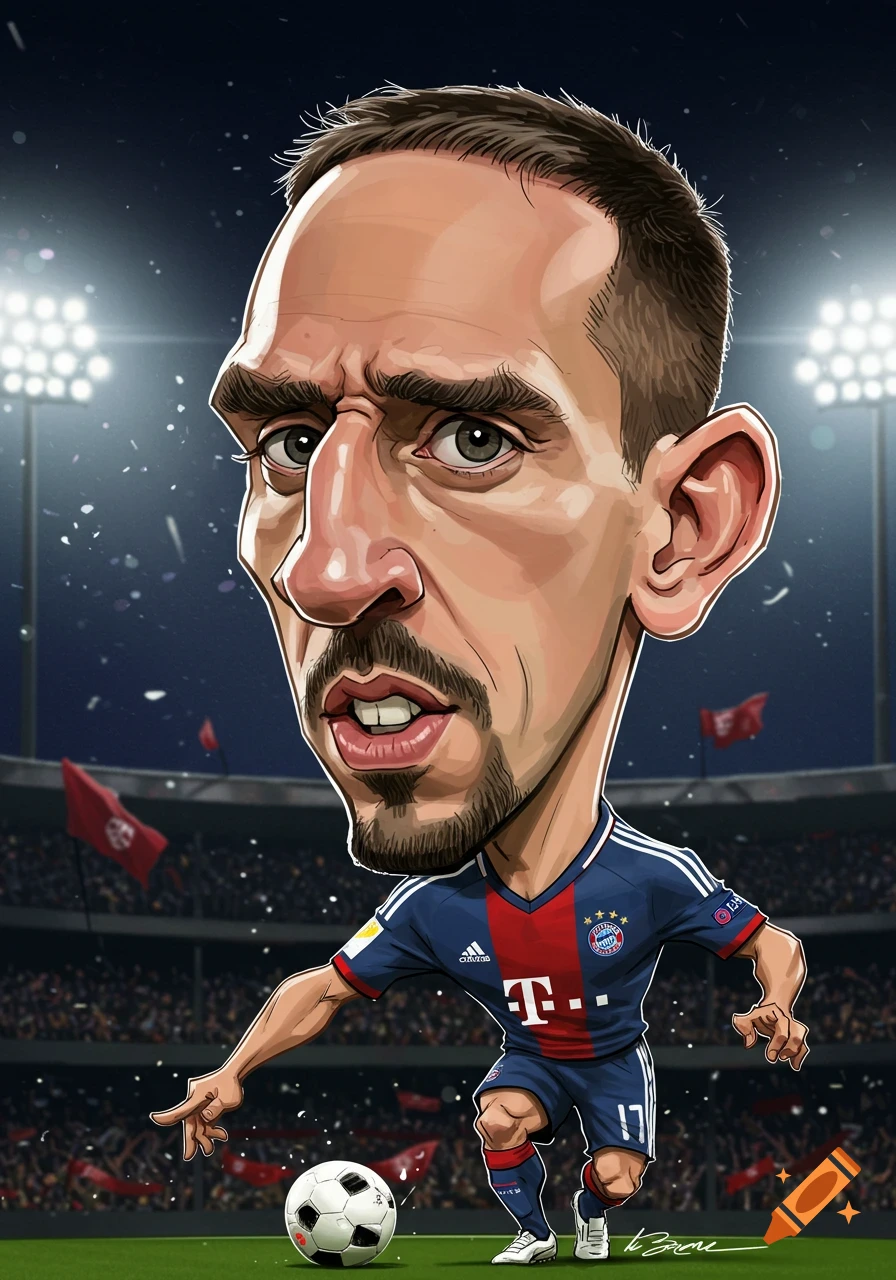 A vibrant caricature of footballer Franck Ribéry in a Bayern Munich kit, dribbling a soccer ball on a stadium field at night.
