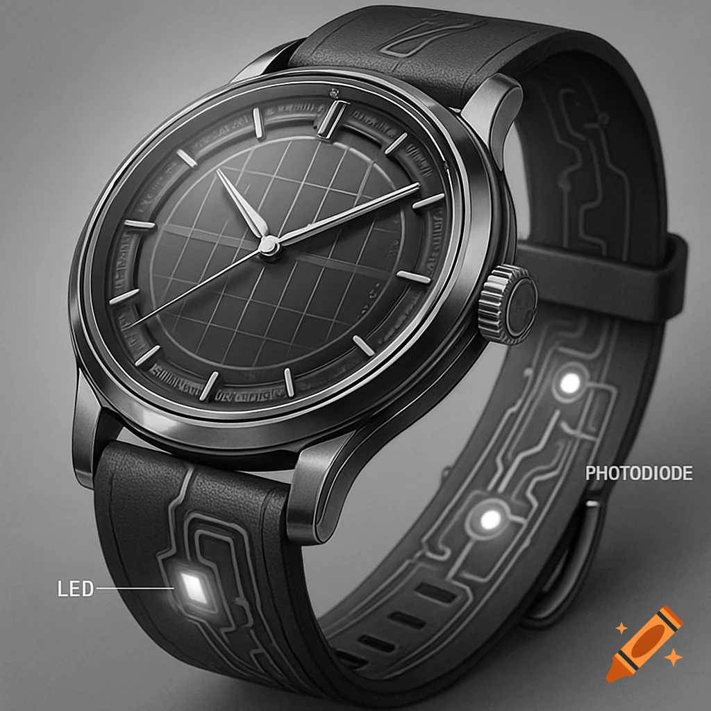 A monochromatic close-up of a futuristic watch with a grid-patterned face and an electronic circuit, LED, and photodiode on the band.