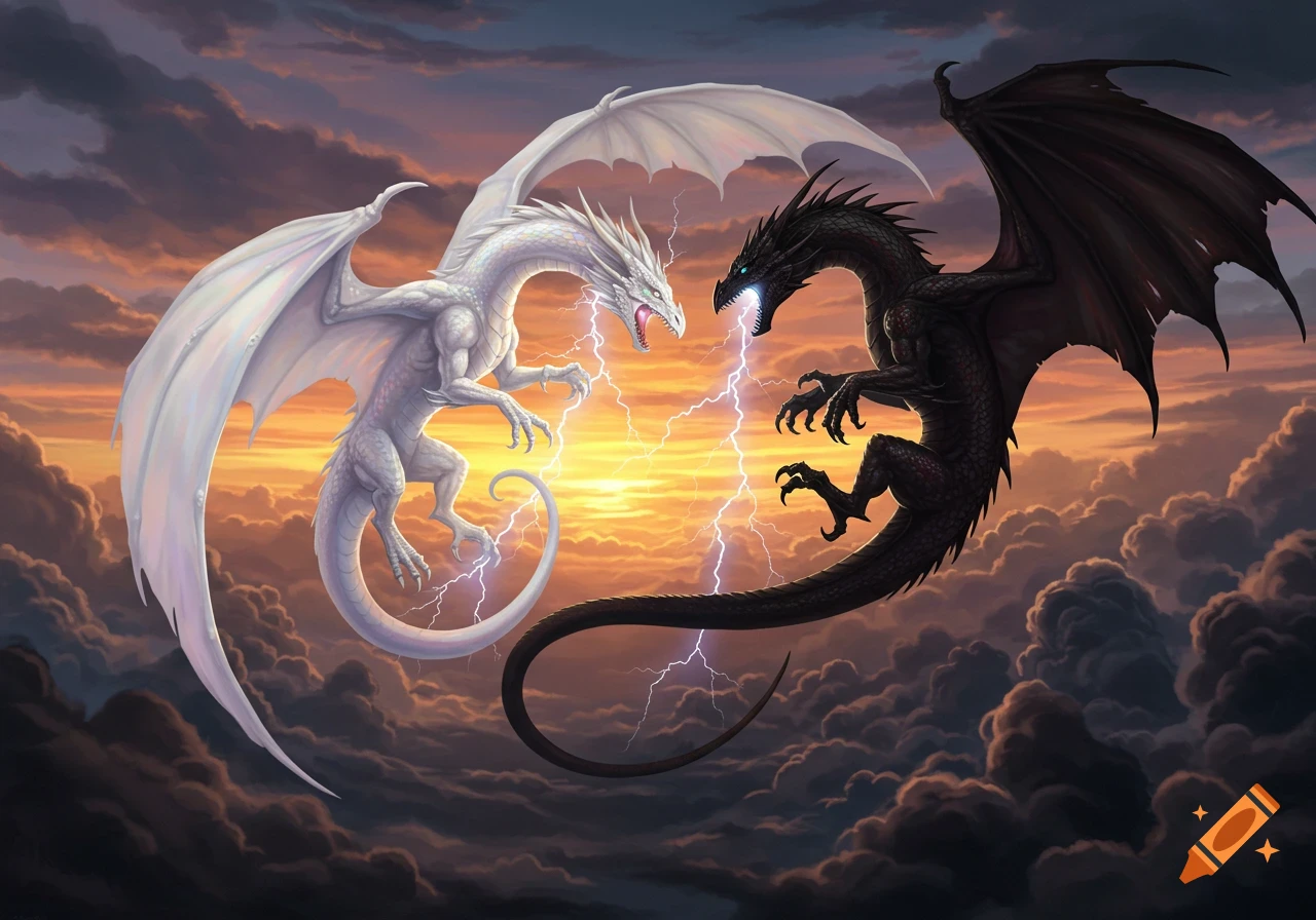 A white dragon and a black dragon battle in a cloudy sunset sky, with lightning striking between them in a detailed fantasy art style.