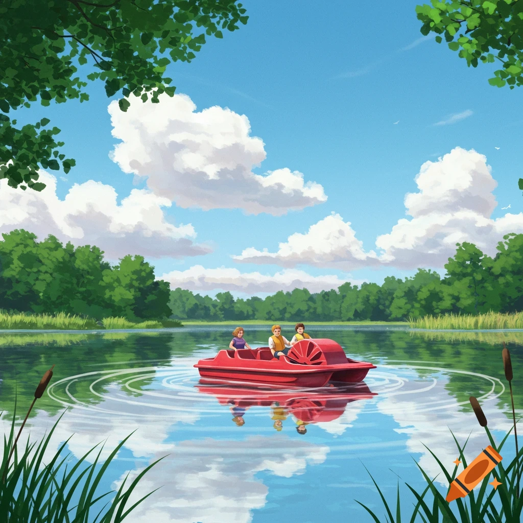 Three people in a red paddleboat on a lake, surrounded by green trees under a blue sky, in an illustrative style.