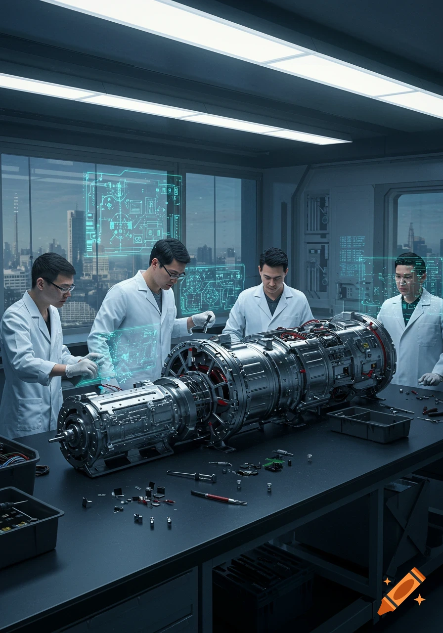 Four scientists in white lab coats work on a complex, large silver machine with holographic displays in a high-tech laboratory.