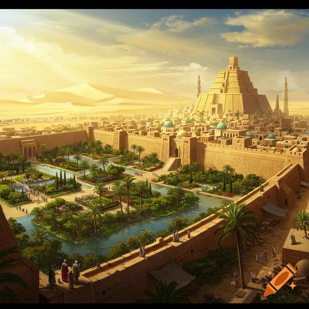 A majestic ancient city with a large ziggurat, lush gardens, and canals, surrounded by vast golden desert dunes under a dramatic sky.