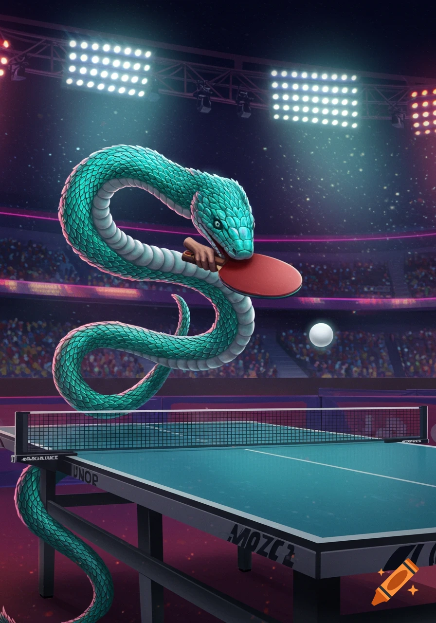 A vibrant, teal-scaled snake with white underbelly plays table tennis in a large, brightly lit stadium, hitting a white ball with a red paddle.