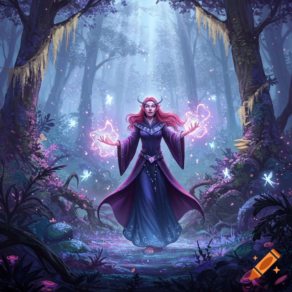 Red-haired elf sorceress with horns and pointy ears casting glowing magic in a mystical purple forest with fairies.