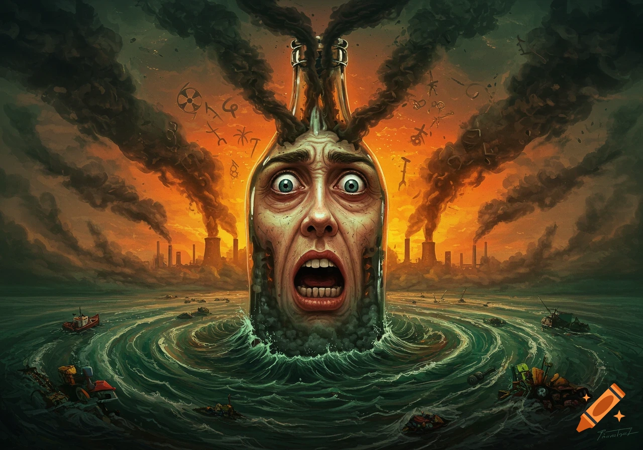 A screaming face trapped in a bottle, rising from polluted waters with swirling trash, under a smoke-filled, orange sky with factories.