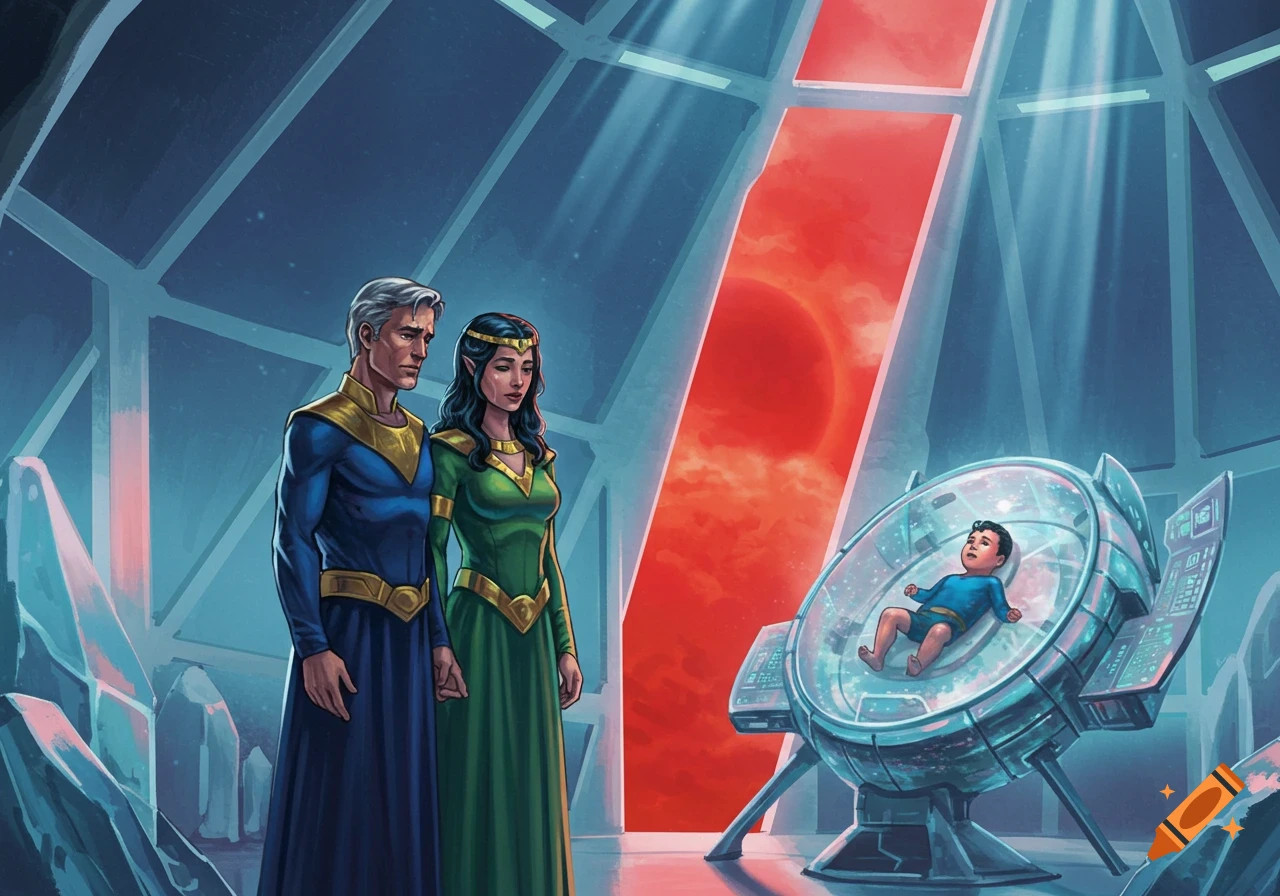 A man and an elf-like woman sadly gaze at a baby in a spaceship pod inside a futuristic crystal chamber under a red sky.