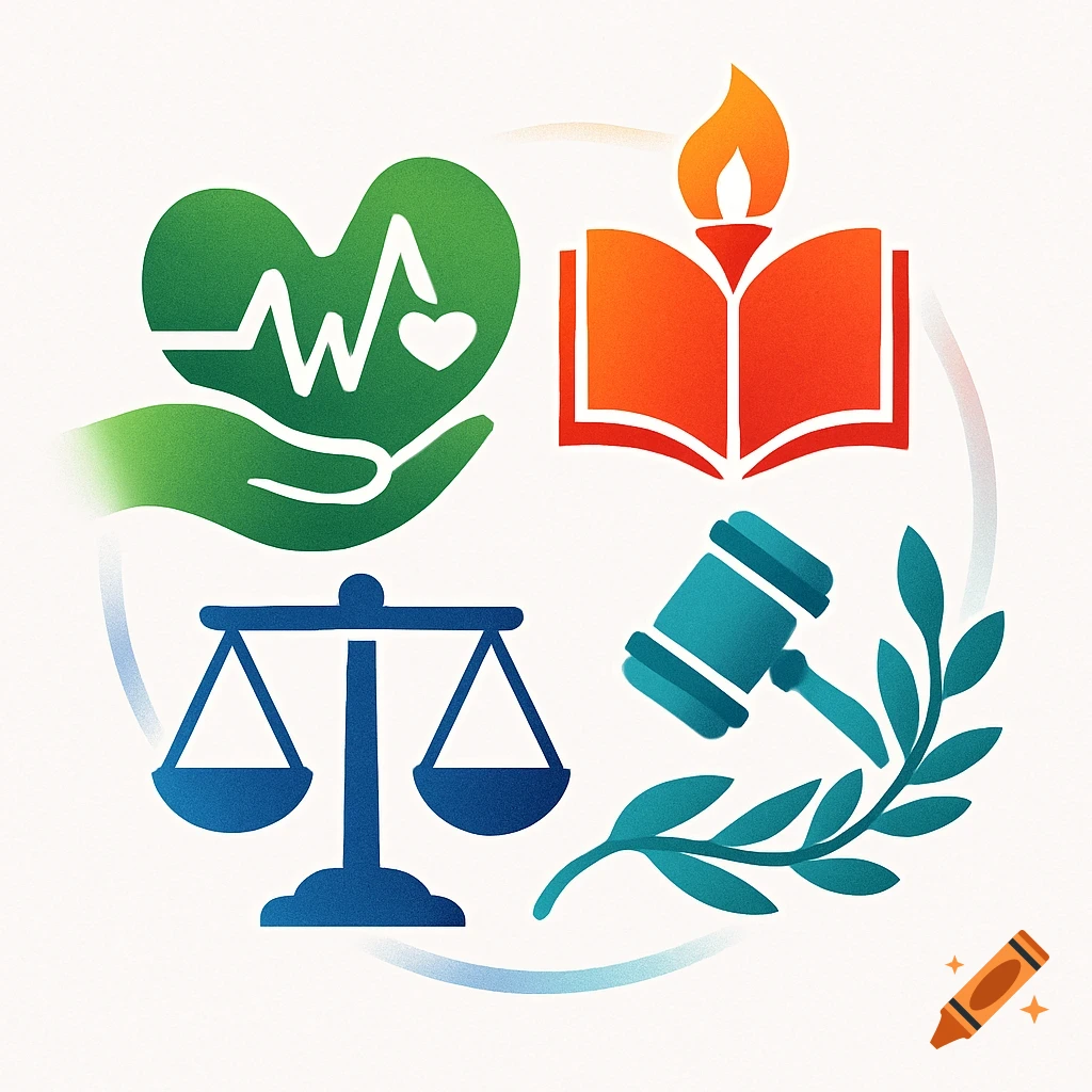 Four colorful icons depicting sustainability goals: a hand holding a heart with an ECG, an open book with a flame, scales of justice, and a gavel with a leaf.