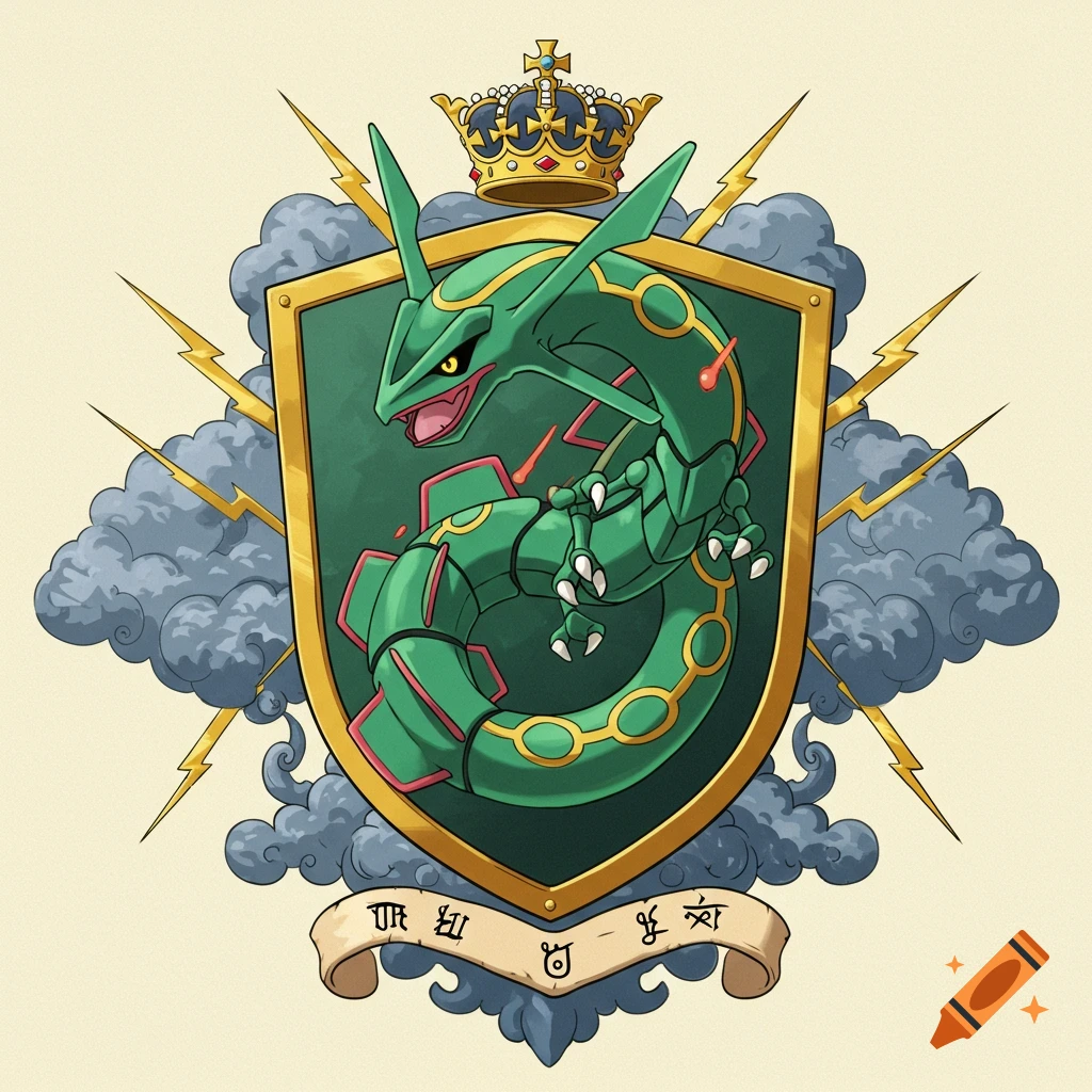 A coat of arms featuring a green Mega Rayquaza Pokémon on a shield, topped with a golden crown, surrounded by stormy clouds and lightning.