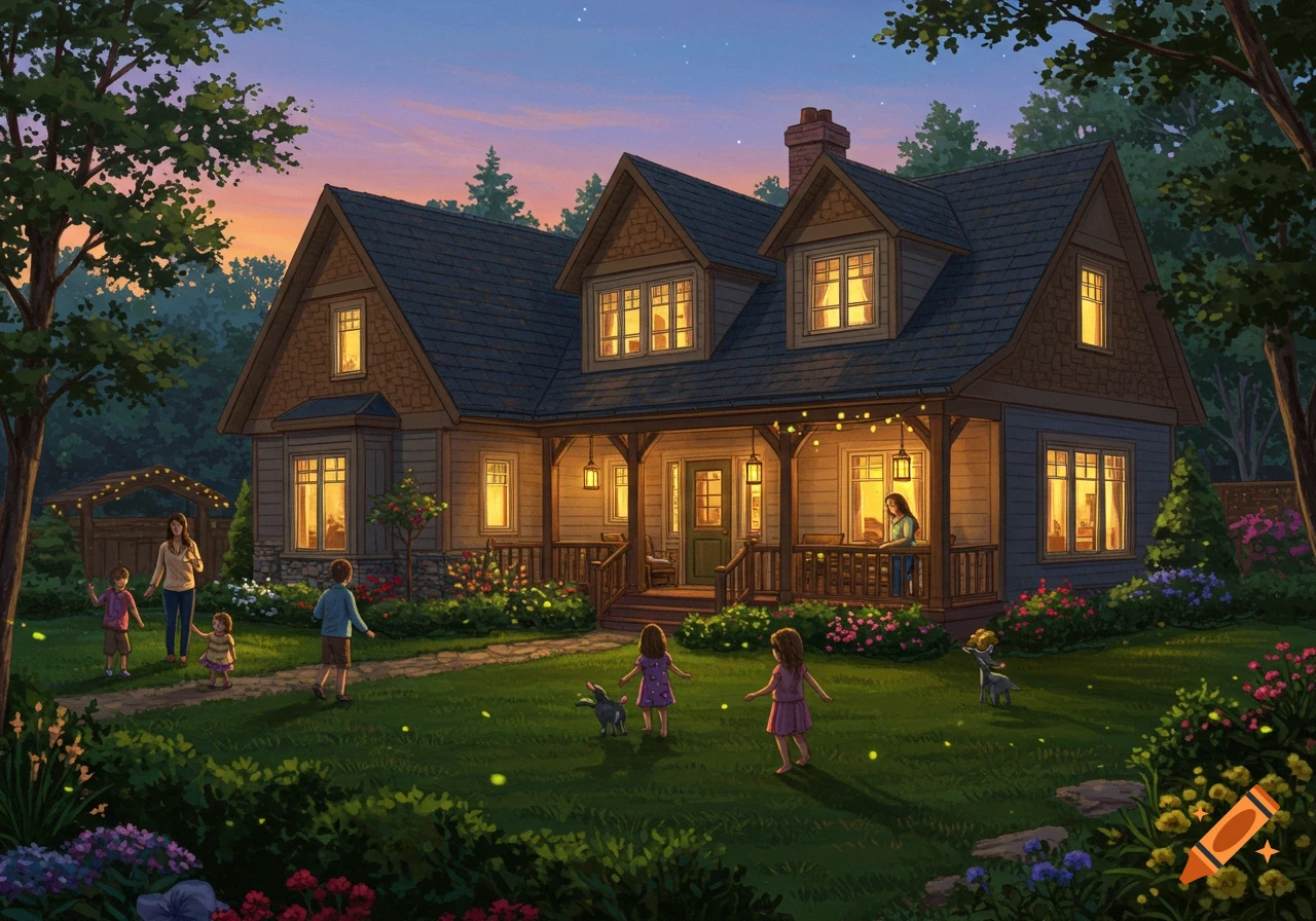 An illustrated family home at dusk with children and adults in the yard, illuminated windows, and fireflies.
