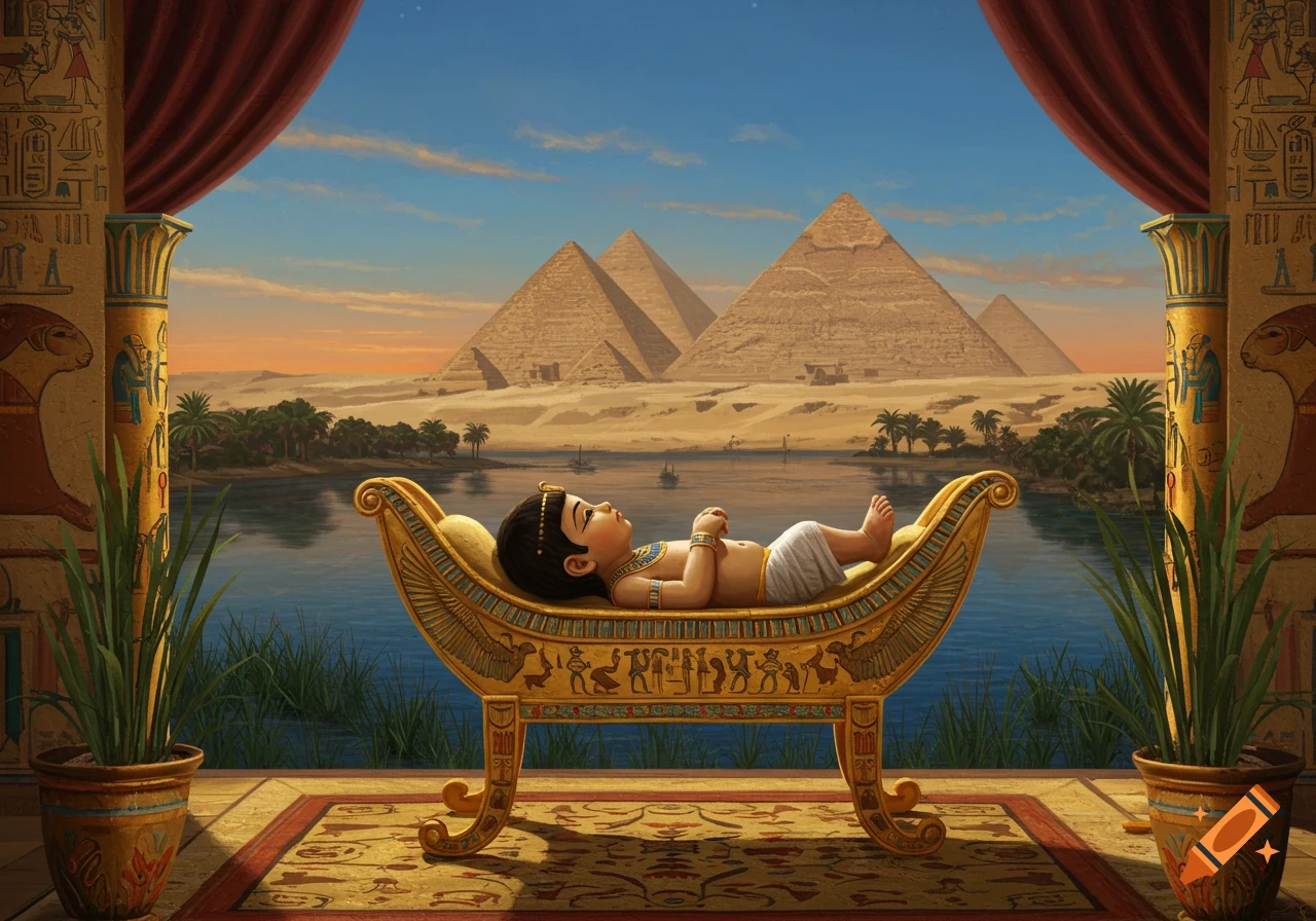 A baby in an ornate golden Egyptian cradle looks towards the pyramids and Nile River under a sunset sky.