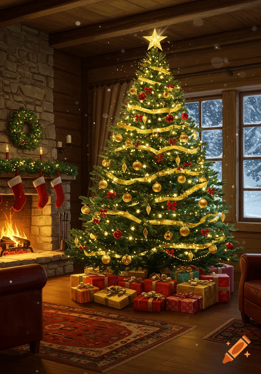 Cozy room with a brightly lit Christmas tree, wrapped presents, and a fireplace with stockings, viewed through a snowy window.
