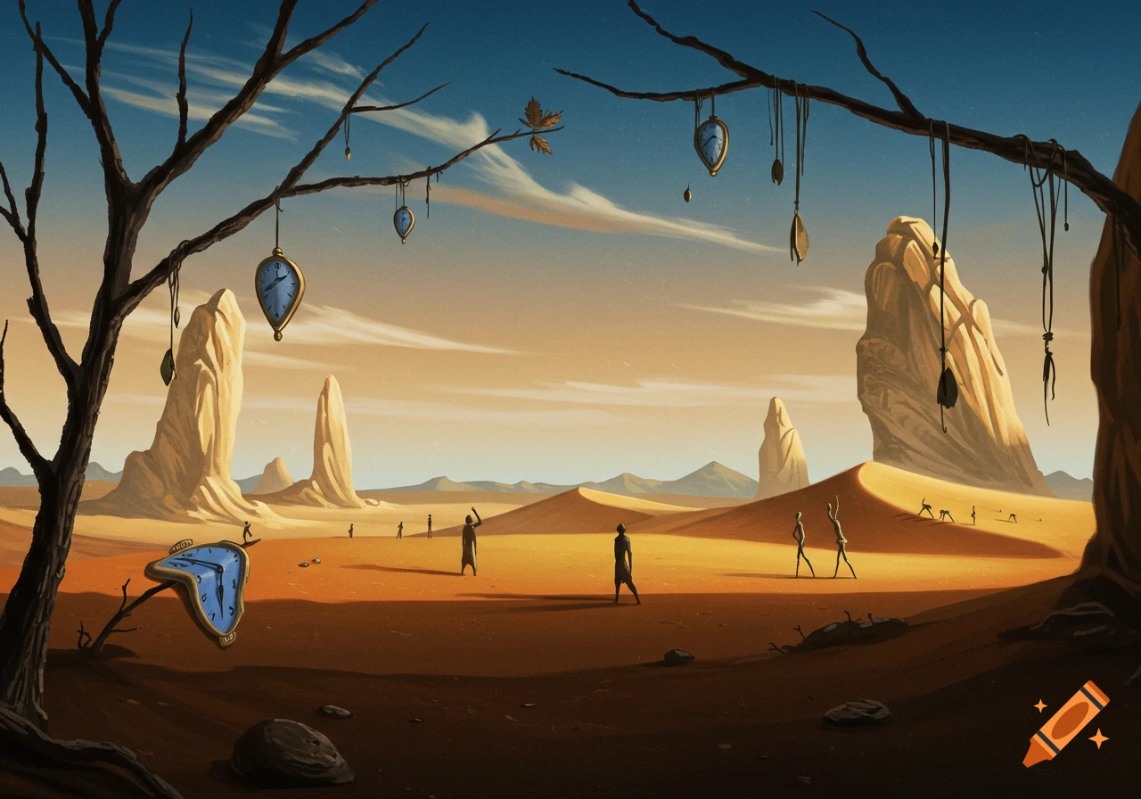 A surreal desert landscape with melting clocks, barren trees, abstract figures, and towering rock formations under a split sky.