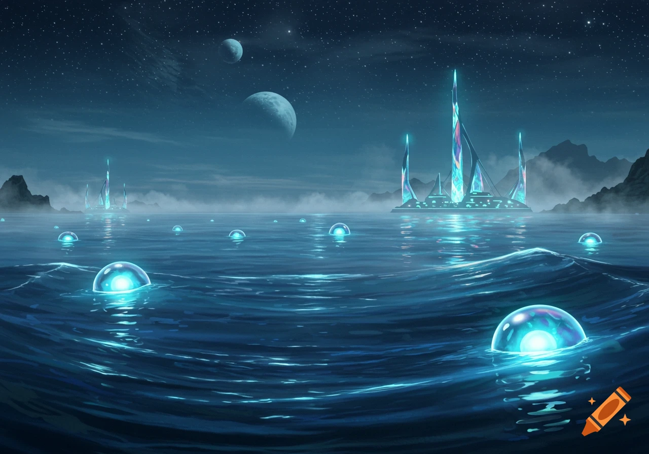 A futuristic glowing city on distant islands in a starry, moonlit sea with illuminated bubbles floating on the water, rendered in a digital painting style.