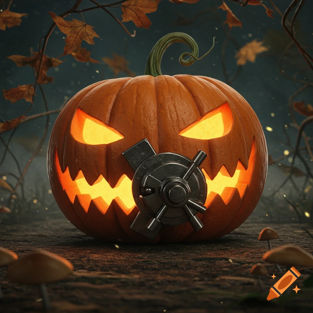 A glowing jack-o'-lantern with a safe locking mechanism on its mouth, set in a dark, mysterious forest with autumn leaves.