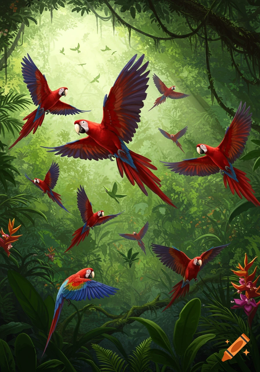Vibrant illustration of numerous red parrots with blue wings flying through a sunlit, lush green jungle.