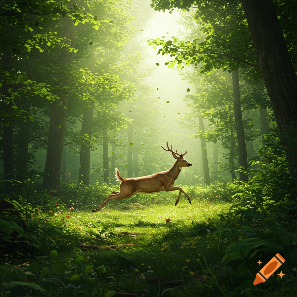 A graceful deer with antlers runs through a lush, sunlit forest with green trees and dappled light.