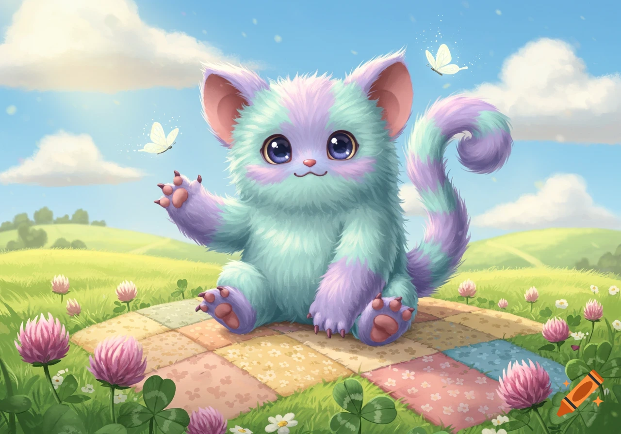 A cute, fluffy pastel blue and purple monster with large eyes sitting on a patchwork blanket in a grassy field with butterflies.