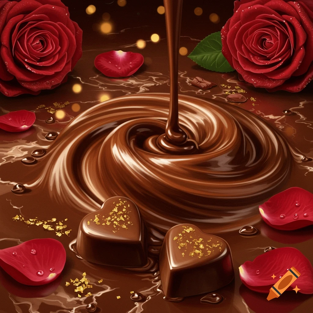 Molten chocolate pouring onto a swirl, surrounded by heart-shaped chocolates, red roses, and petals.