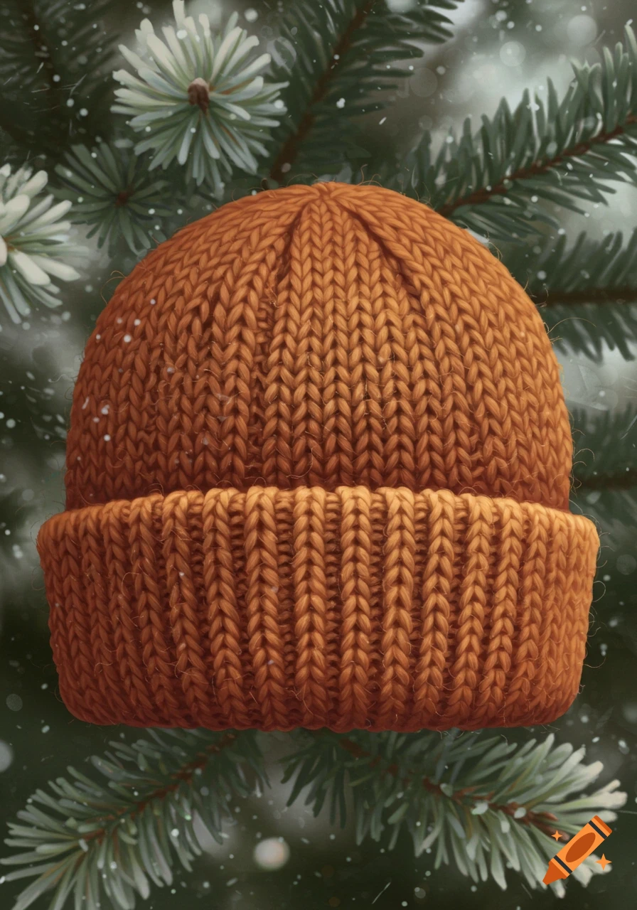 A close-up of an orange knitted beanie against a background of snowy evergreen branches.