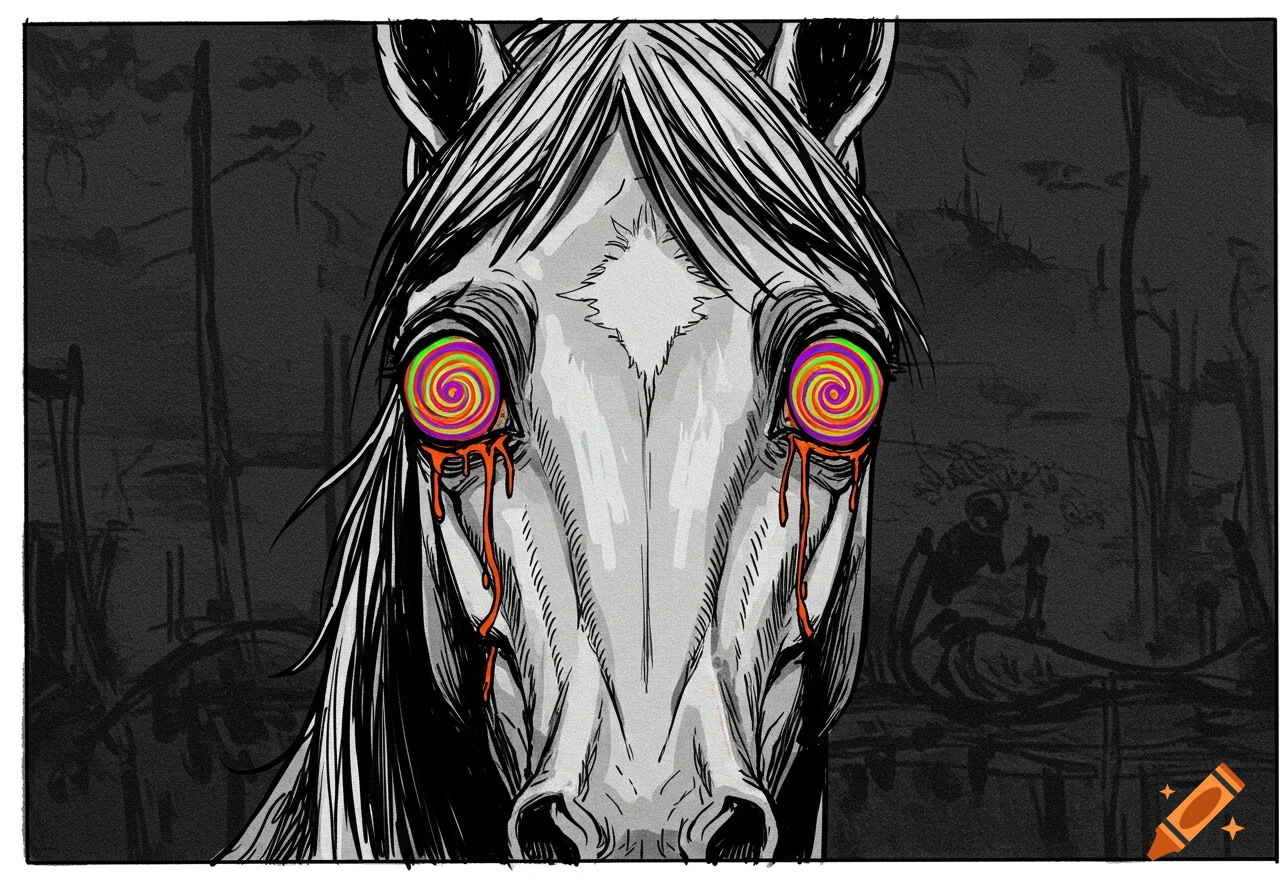 A gritty ink comic illustration of a white horse with glowing psychedelic spiral eyes dripping orange liquid, against a dark, shadowy background.