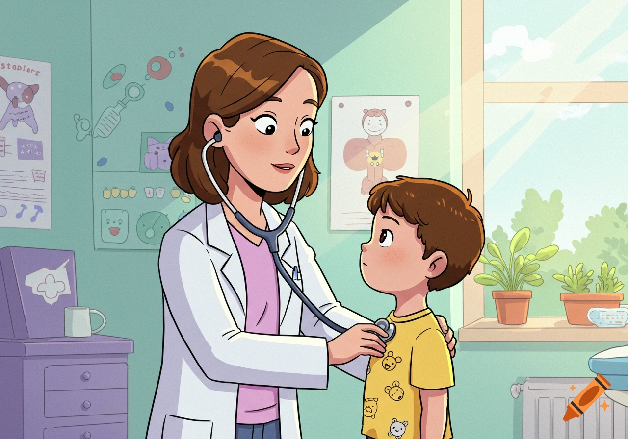 A cartoon female doctor in a white coat examines a young boy with a stethoscope in a colorful doctor's office.