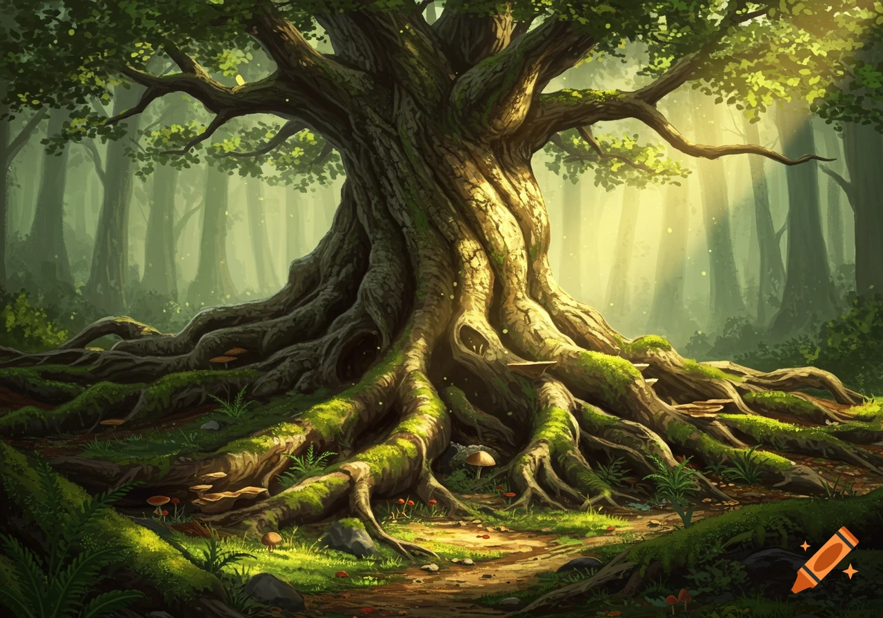 A huge ancient gnarled tree with exposed, mossy roots in a mystical forest with sunbeams filtering through leaves.