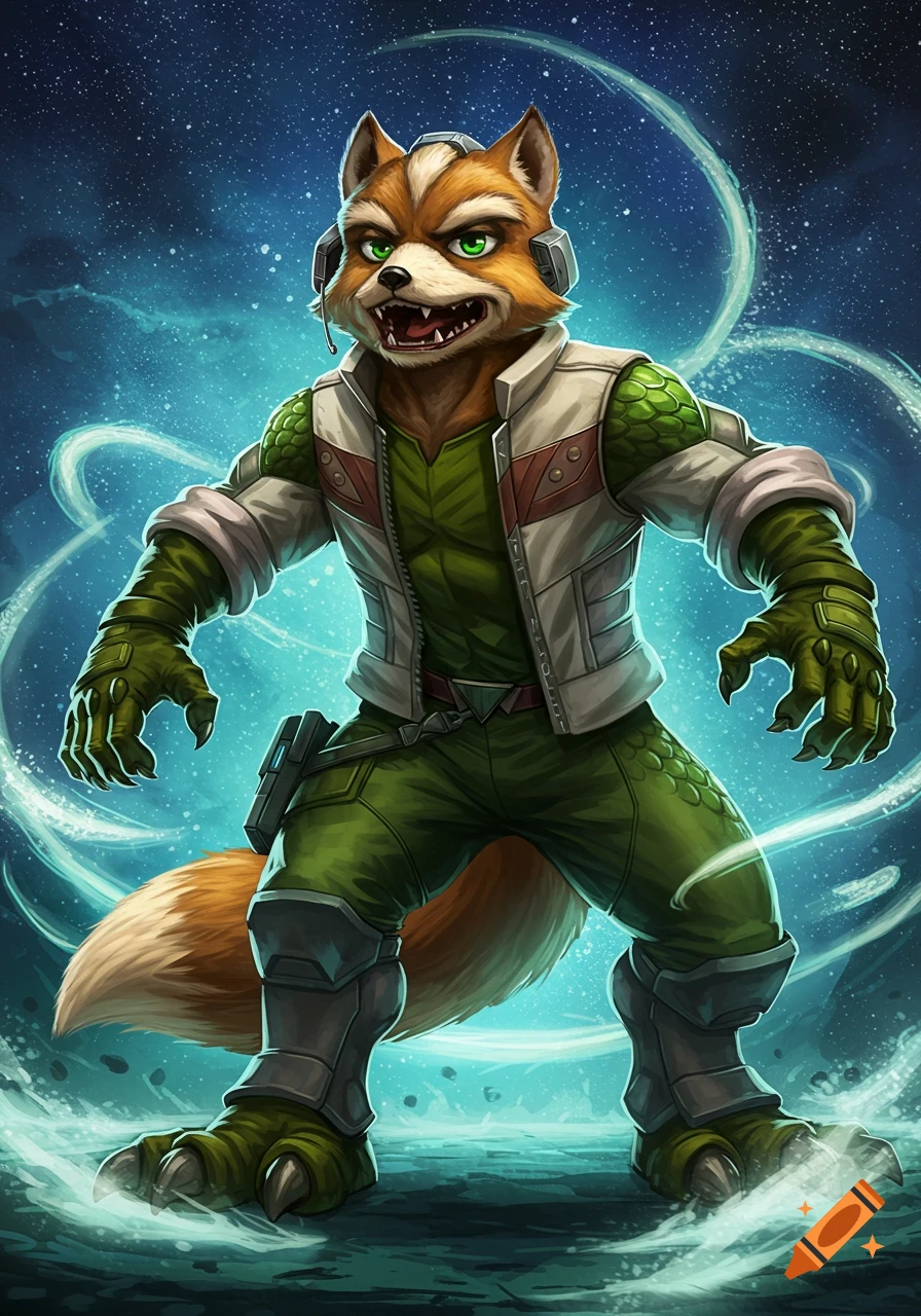 Anthropomorphic Fox McCloud with green scales and claws, transformed into a dinosaur-like creature, in a dynamic pose against a starry blue background.