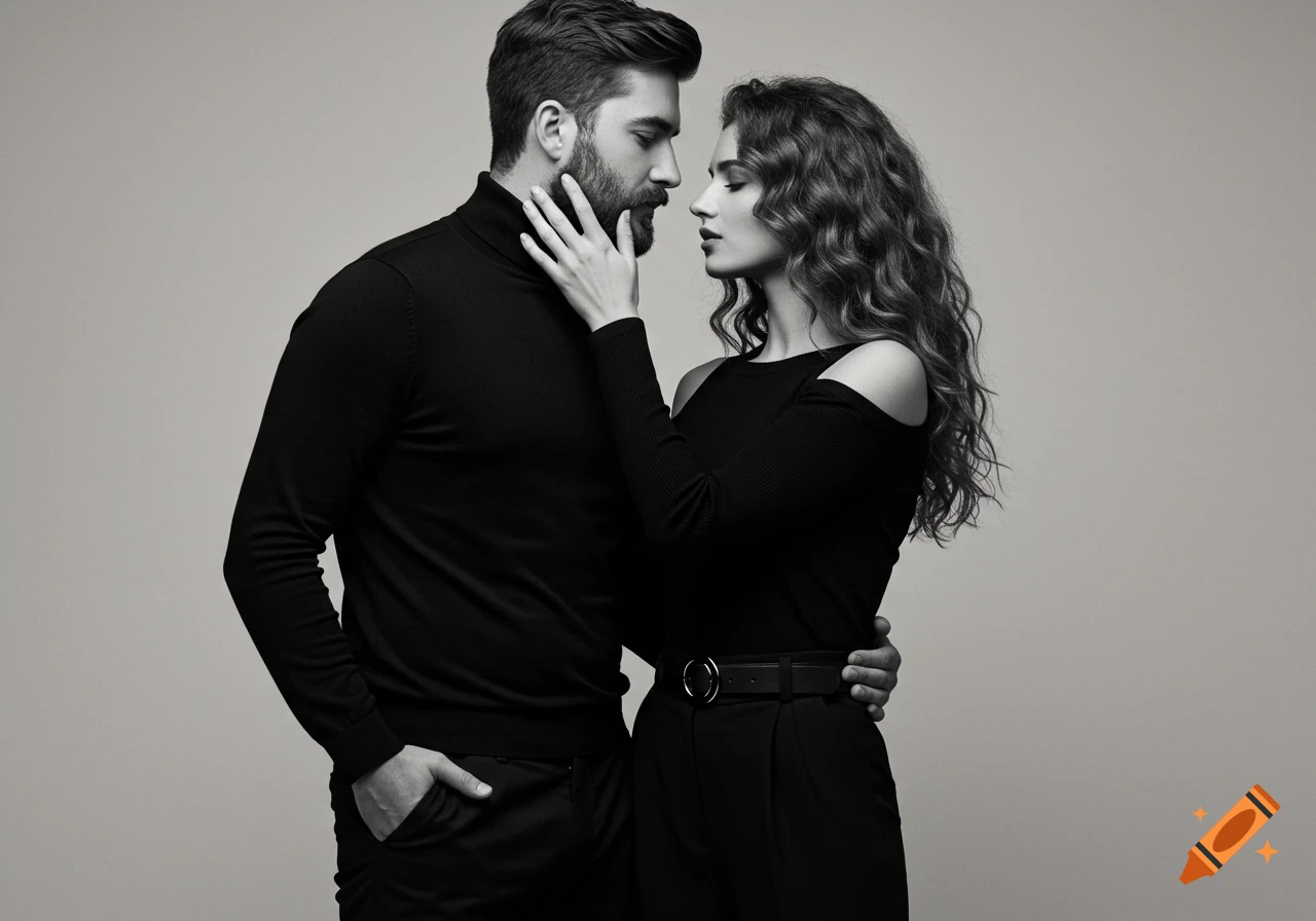 A black and white studio portrait of a stylish couple in black, looking intimately at each other.