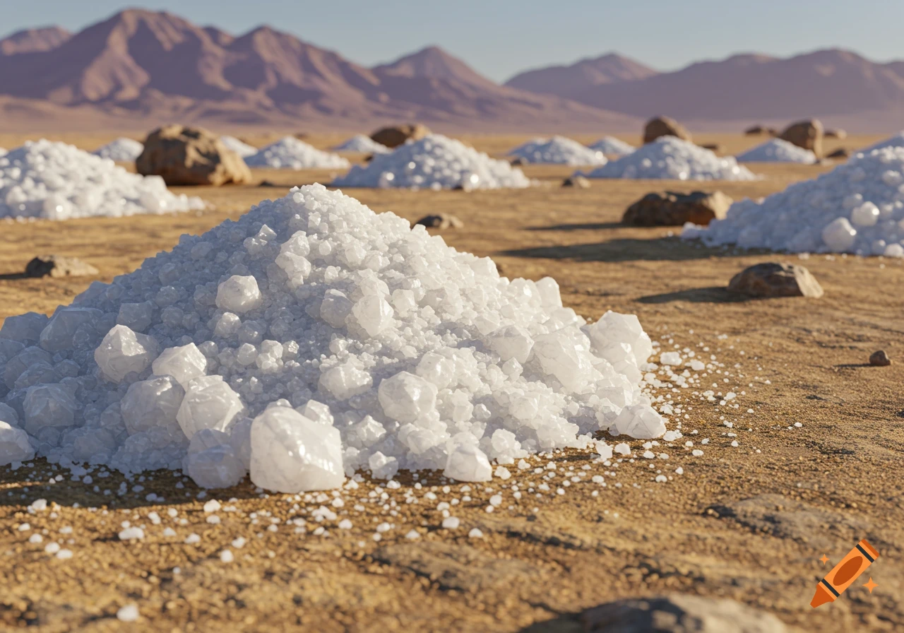Close-up of white sodium nitrate crystals and fine powder on arid desert ground with scattered rocks and distant mountains, photorealistic.