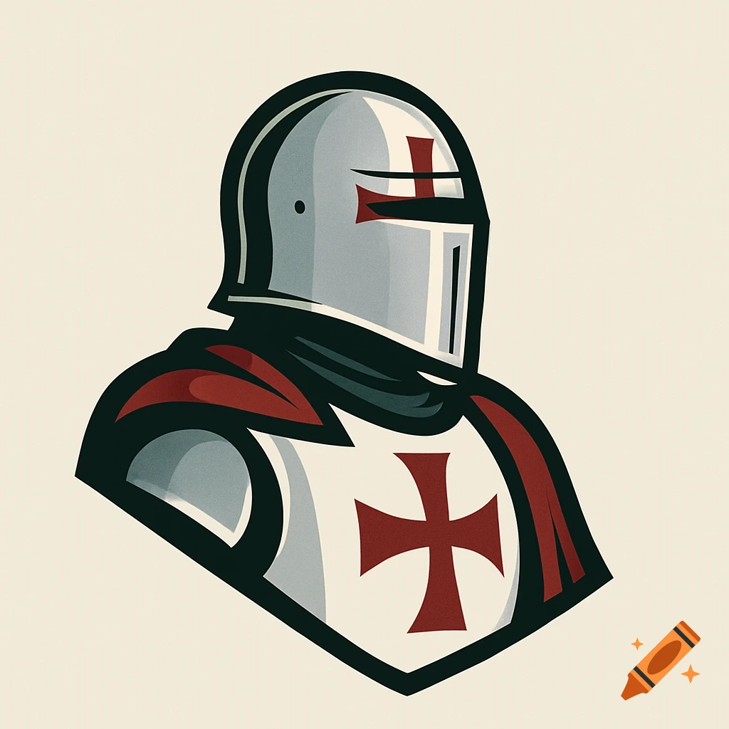 A stylized logo of a Templar knight in a grey helmet with a red cross, wearing a red cape and white armor with a red cross.