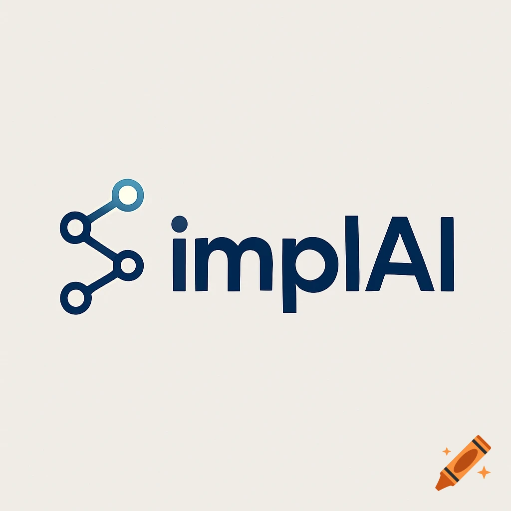 A modern logo for implAI, featuring a stylized blue neural network symbol to the left of the wordmark, with one node glowing cyan, on an off-white background.