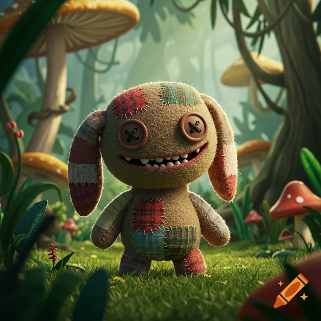 A creepy-cute Fuggler plush toy with button eyes and jagged teeth stands in a magical mushroom forest.