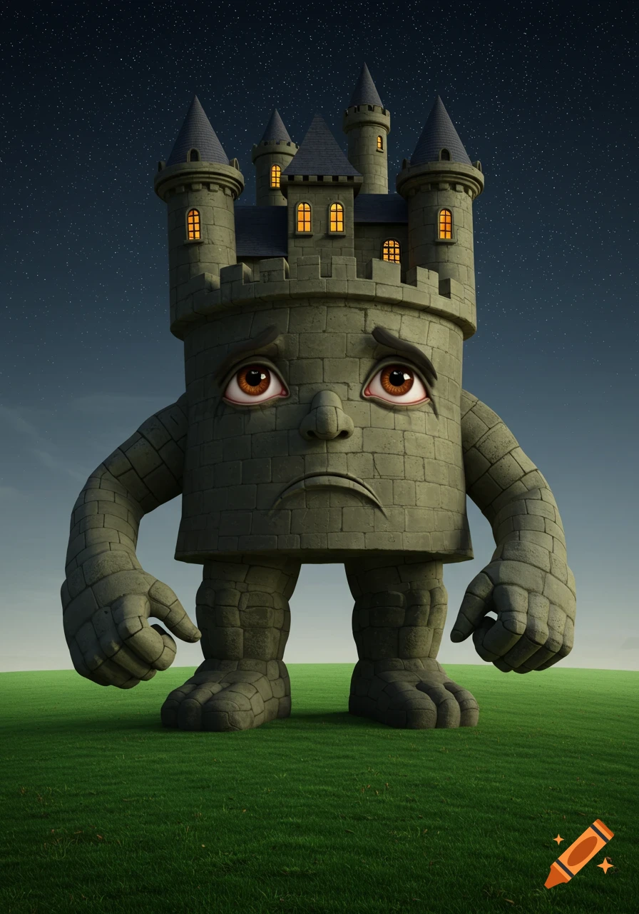 A sad, anthropomorphic castle character with brown eyes and downturned hands stands on green grass under a starry night sky.