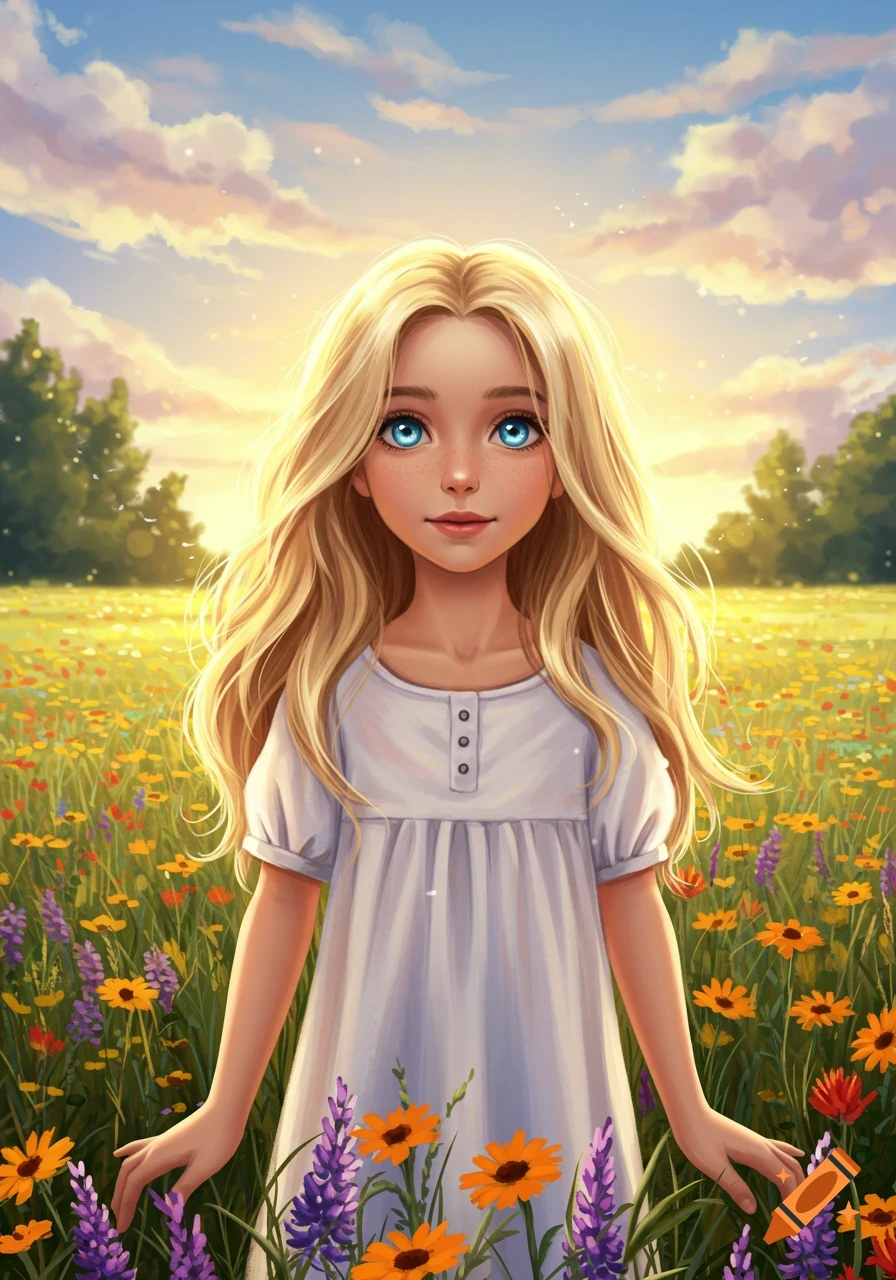 A stylized digital illustration of a young blonde girl with bright blue eyes standing in a vibrant field of wildflowers.