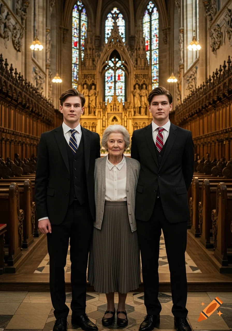 Two young men in suits and an older woman in a pleated dress stand in a grand church with stained glass windows and ornate pews.