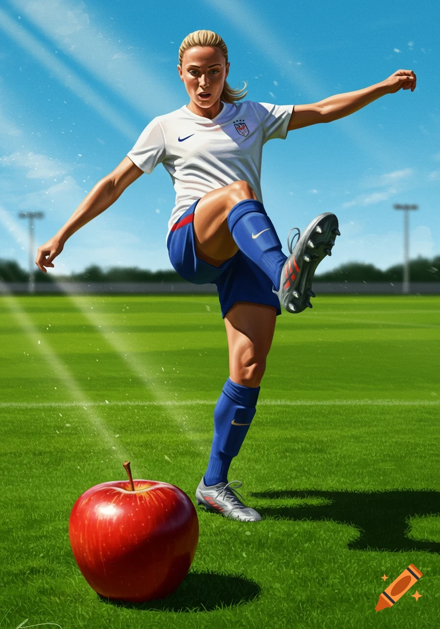 An illustrated female soccer player in a white uniform with blue shorts and socks kicks a giant red apple on a green soccer field under a blue sky.