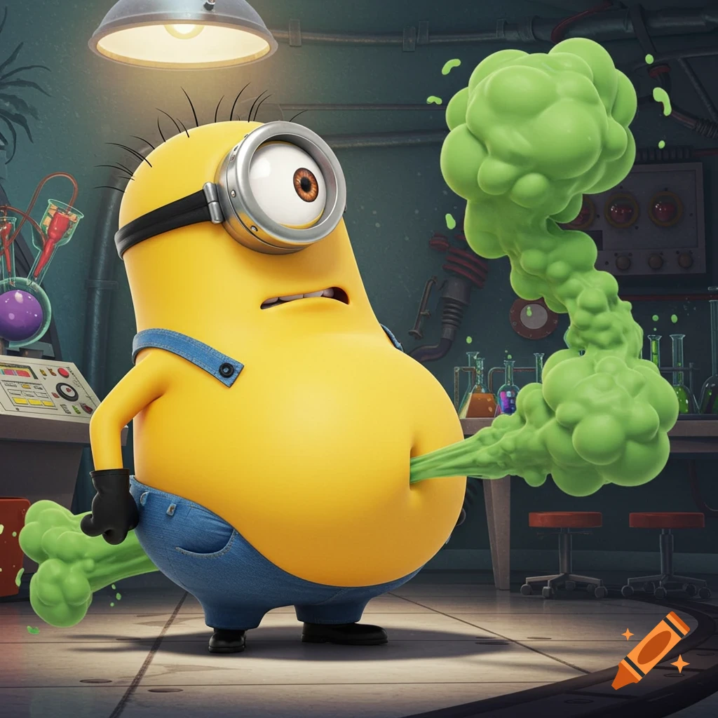 A 3D animated Minion with an inflated stomach farts green gas in a science lab.