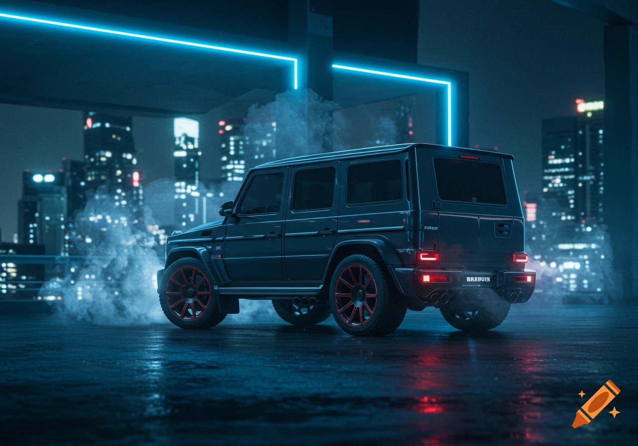 A black Brabus G-Wagen, a rugged SUV, with red wheels and neon blue accents, parked on a wet street at night in a city with skyscrapers.