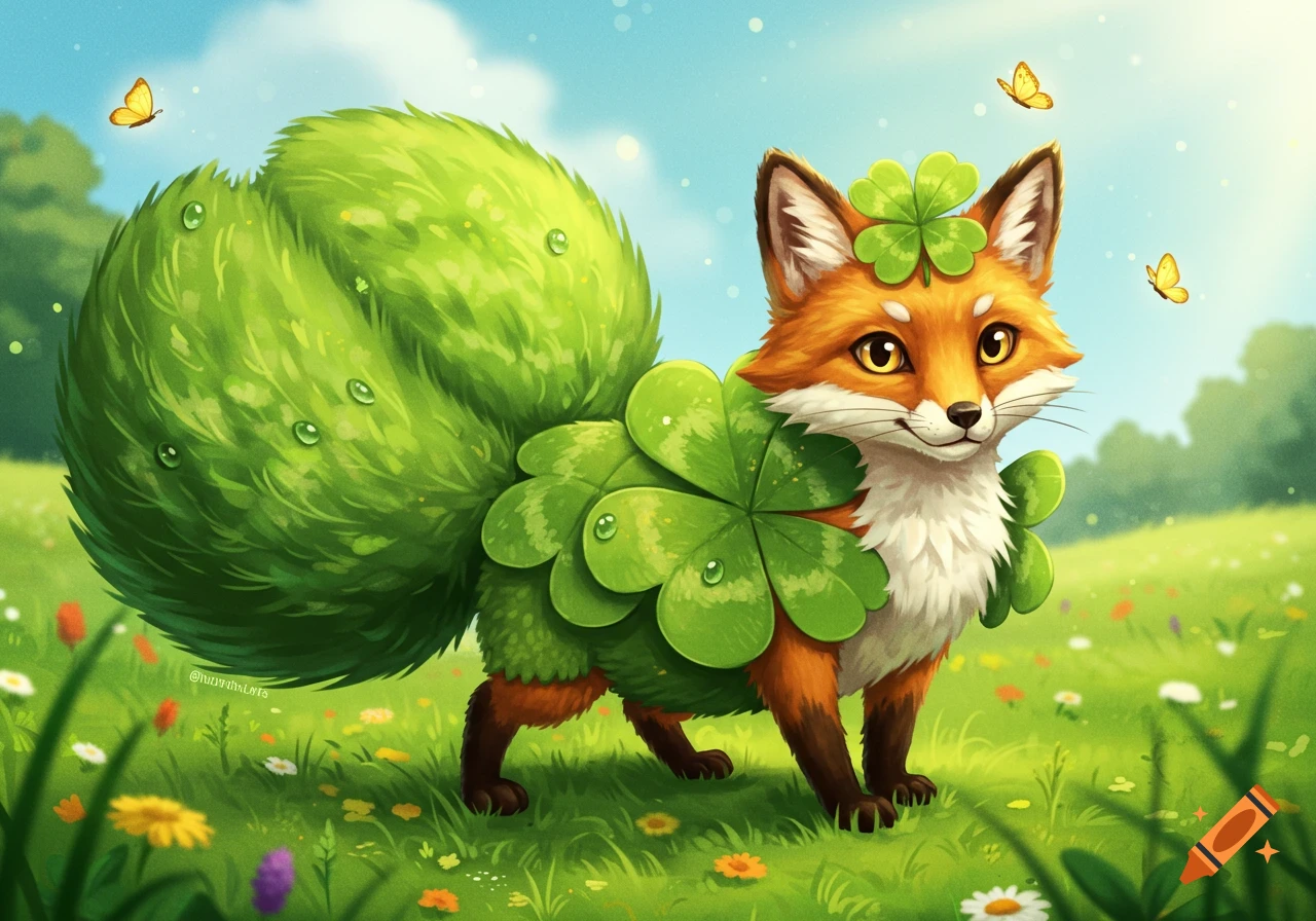 A cute cartoon fox character adorned with shamrocks, standing in a vibrant green meadow with butterflies under a blue sky.