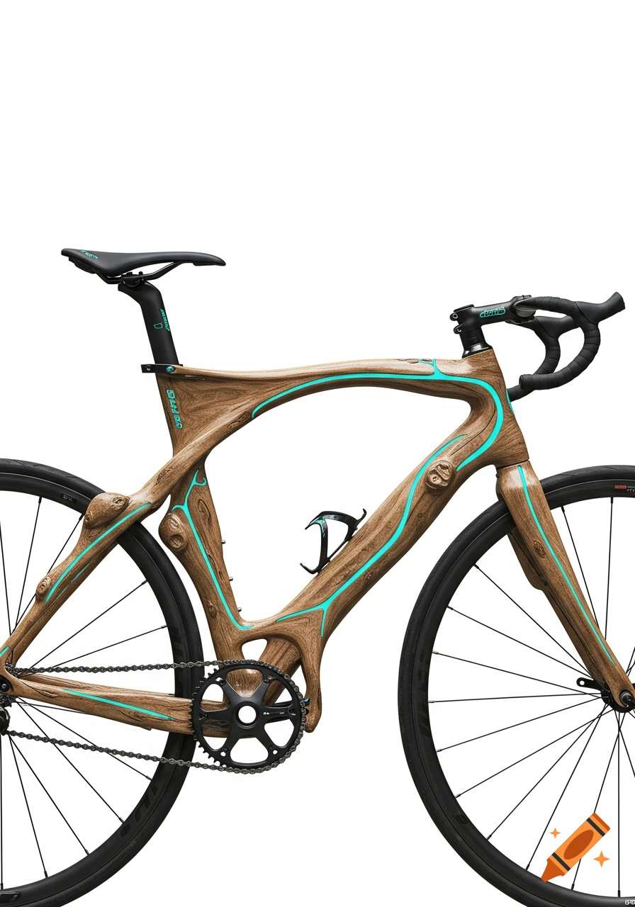 A close-up of a futuristic biomimetic road bike with a wooden-textured frame and glowing cyan veins, against a white background.