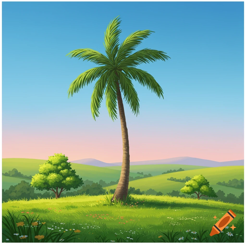 A vibrant cartoon landscape features a tall palm tree on a grassy hill with wildflowers, smaller trees, and rolling hills under a clear blue and pink sky.