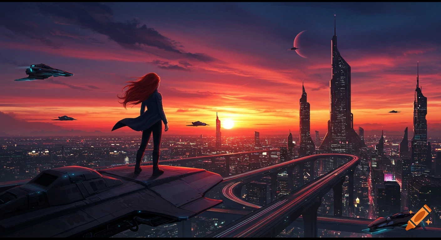 A redhead girl on a spaceship overlooks a futuristic city at sunset, with a large sun and moon in the vibrant sky.