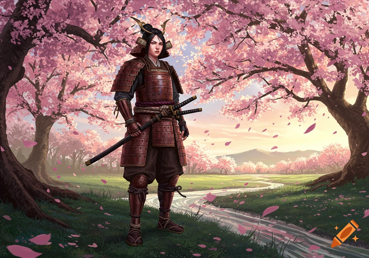 A female samurai in brown armor stands under a canopy of pink cherry blossom trees, beside a stream in a grassy field.
