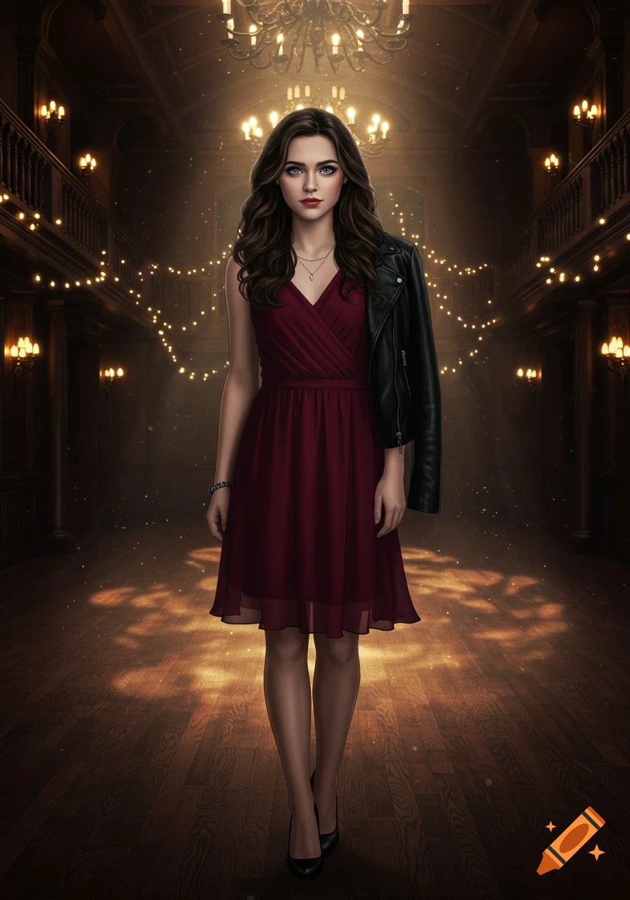 A young woman in a wine-red dress and a black leather jacket stands in an elegantly lit hall with chandeliers and string lights.